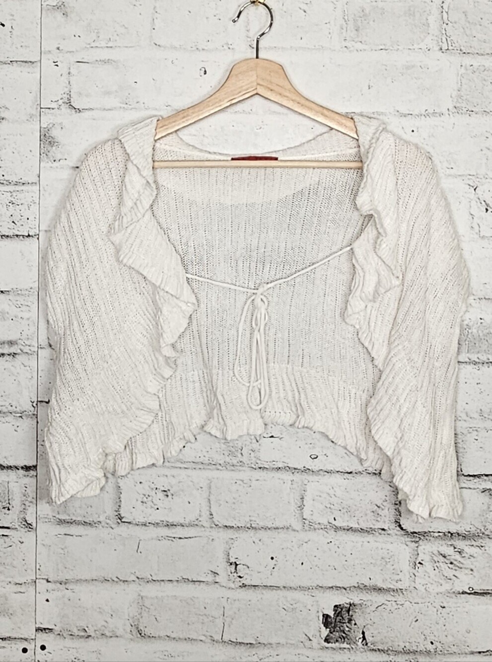 Funsport Linen Ruffle Tie Front Cropped Cardigan White Size Large